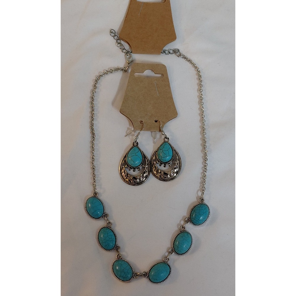 Turquoise Blue Necklace & Drop Earrings Set Silver Tone Costume Jewelry